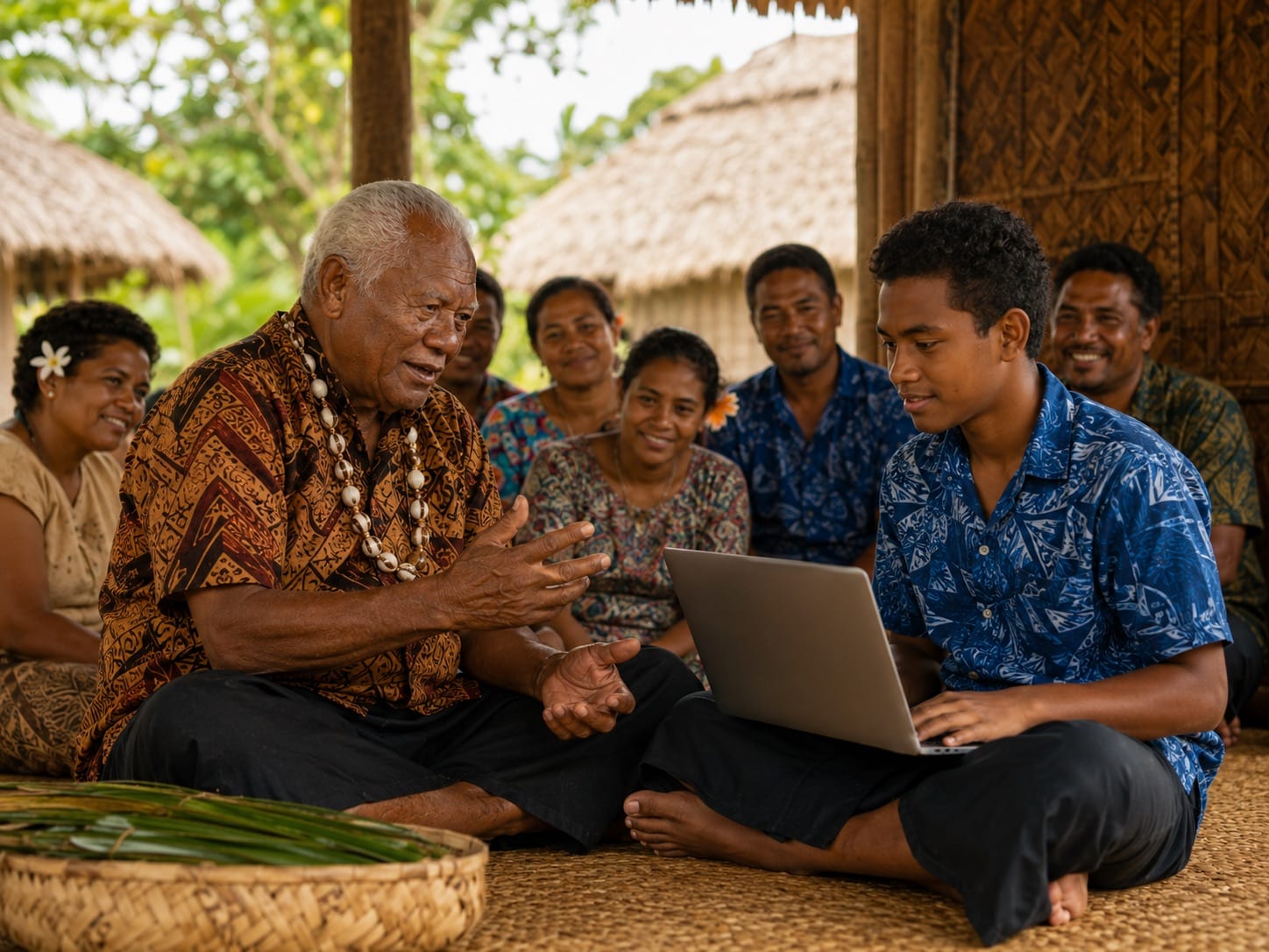 iTaukei elder sharing cultural knowledge with a young person using a laptop